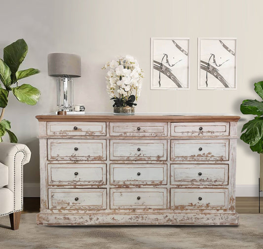 Recycled Pine Buffet, Antique White, 12 Drawers