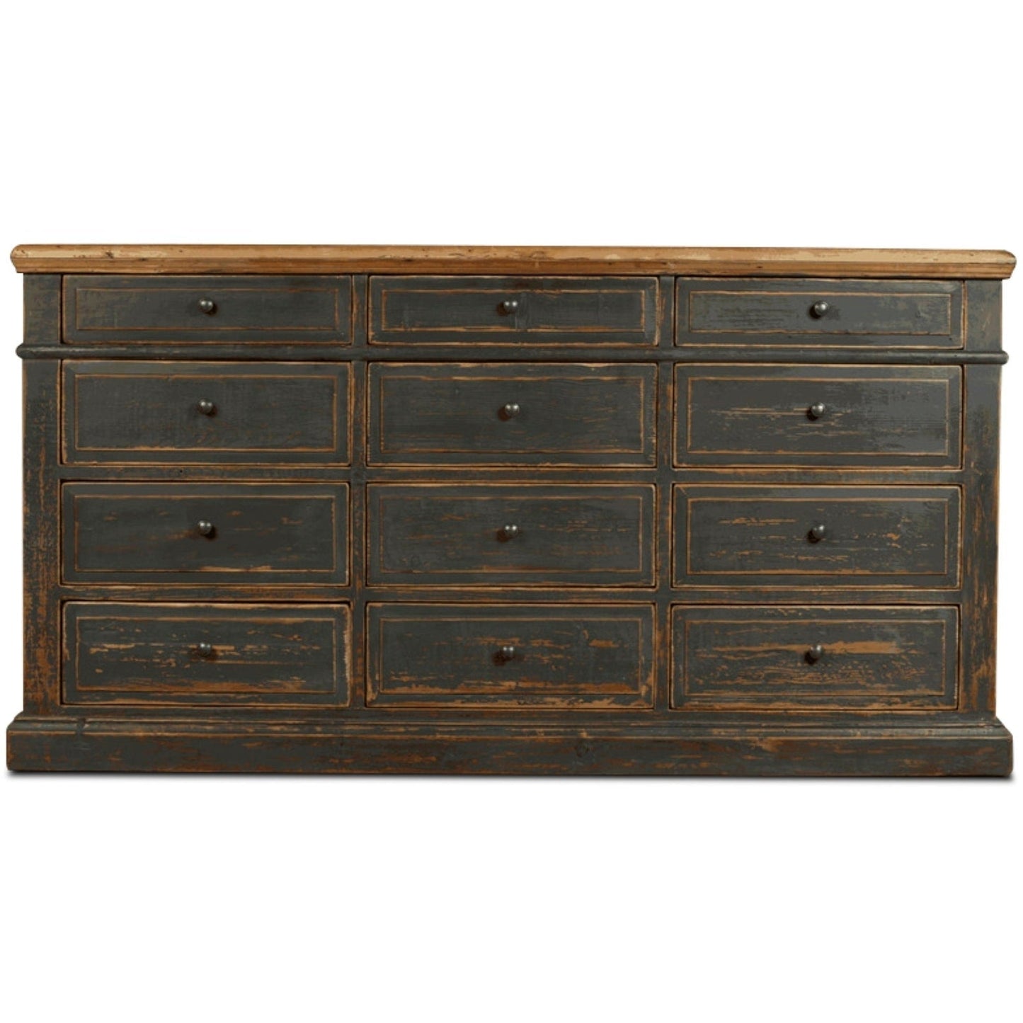 Buffet en vieux pin recyclé, 12 tiroirs, noir antique