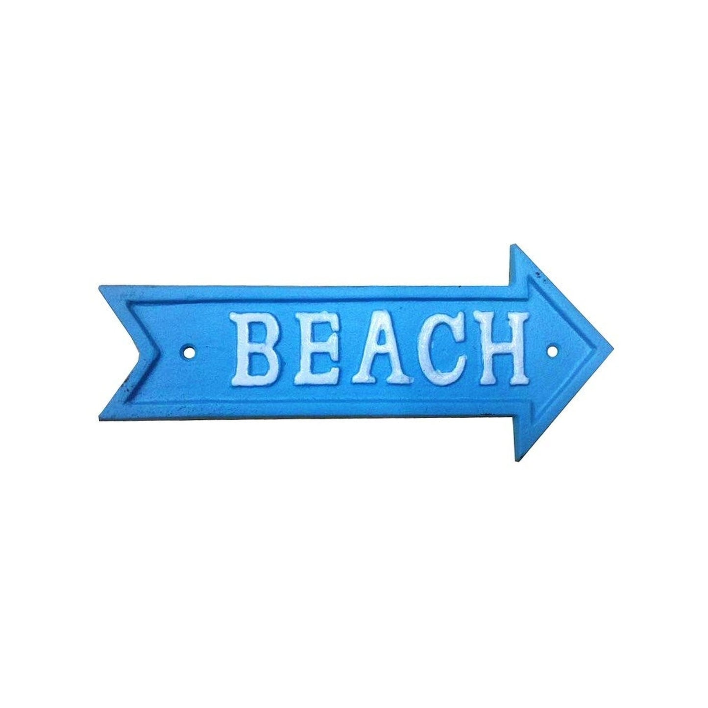 Enseigne en Fonte - Plage - Flèche, Blanc sur Bleu