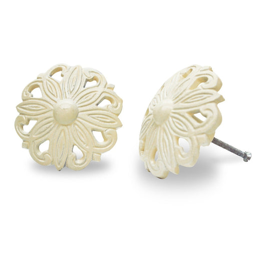 Ornate Flower Knob Cast Iron, Antique White, Last Chance