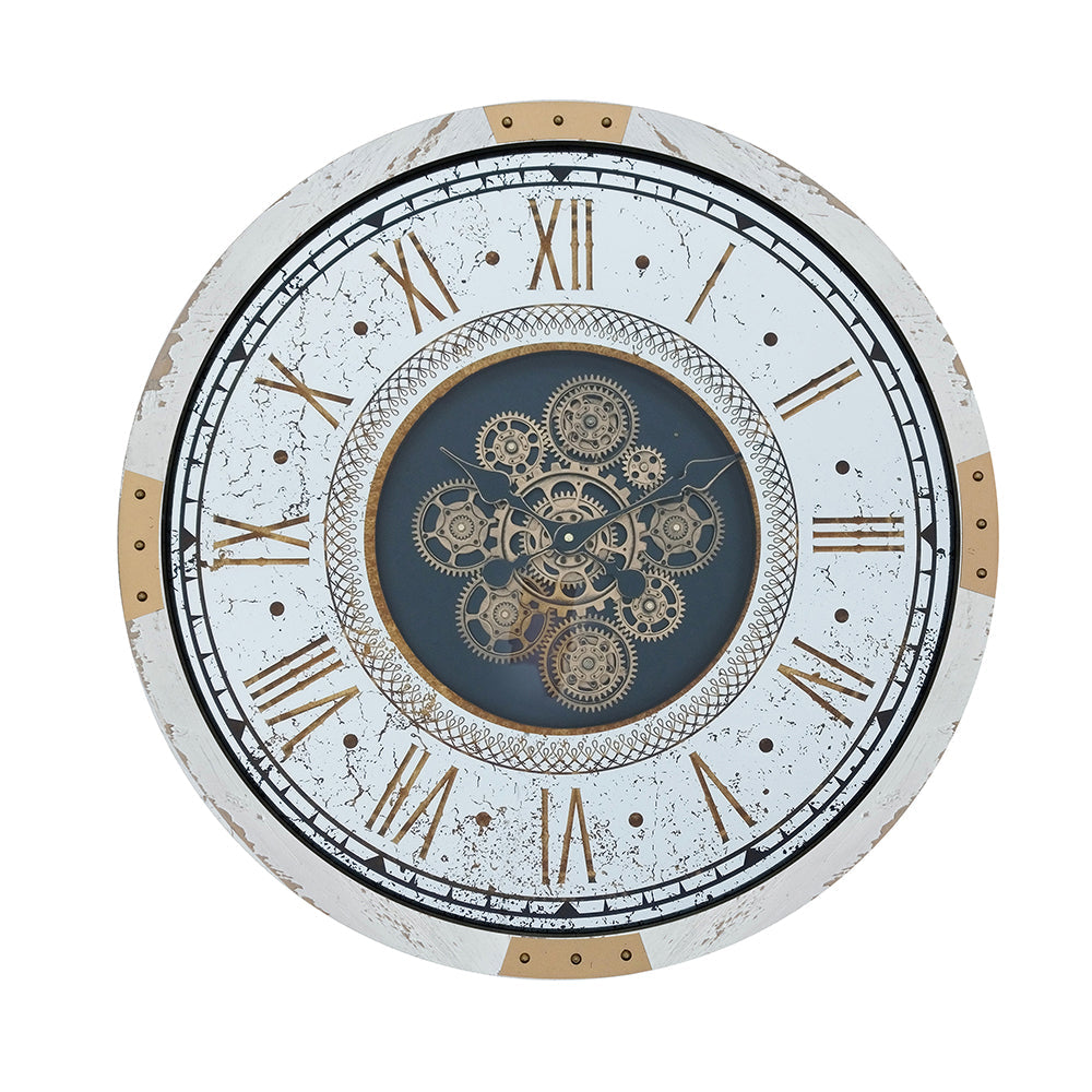 Round Gear Clock with Distressed White Finish