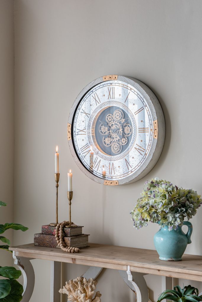 Round Gear Clock with Distressed White Finish