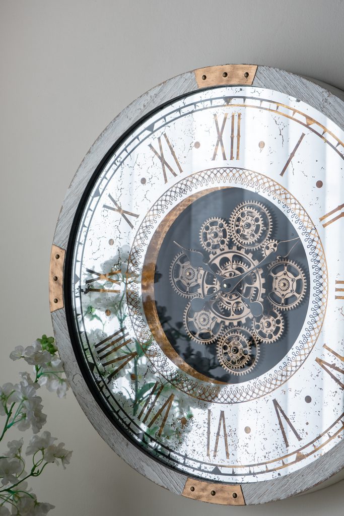 Round Gear Clock with Distressed White Finish