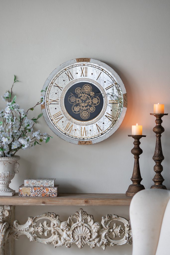 Round Gear Clock with Distressed White Finish