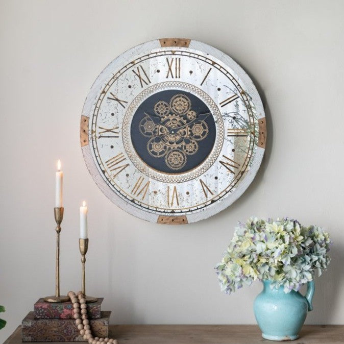 Round Gear Clock with Distressed White Finish