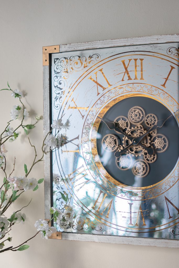 Square Gear Clock with Distressed White Finish