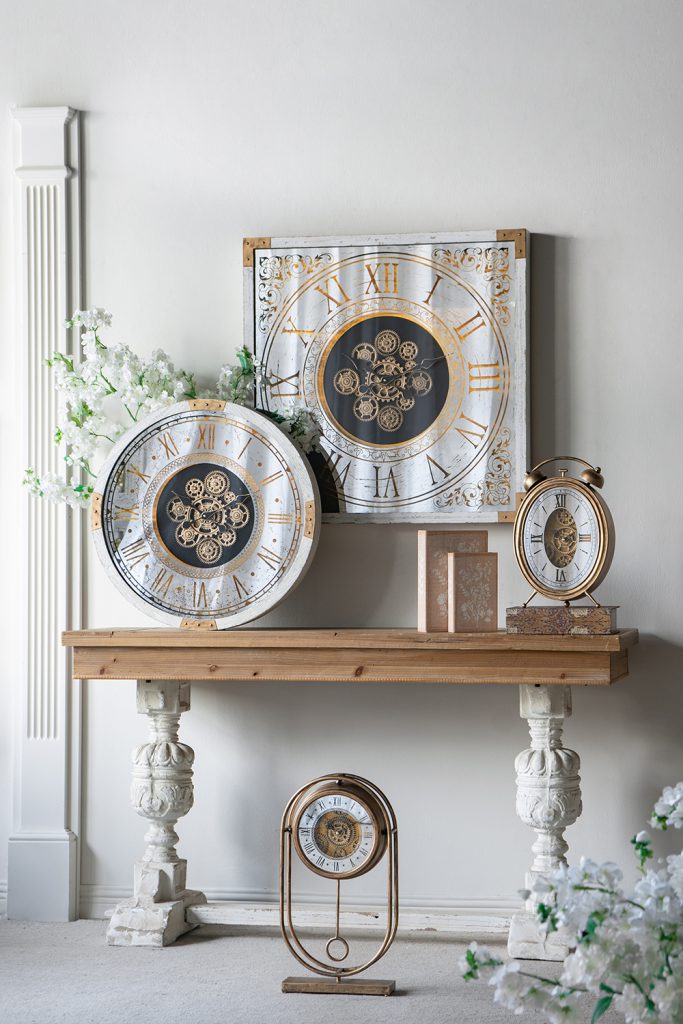 Square Gear Clock with Distressed White Finish