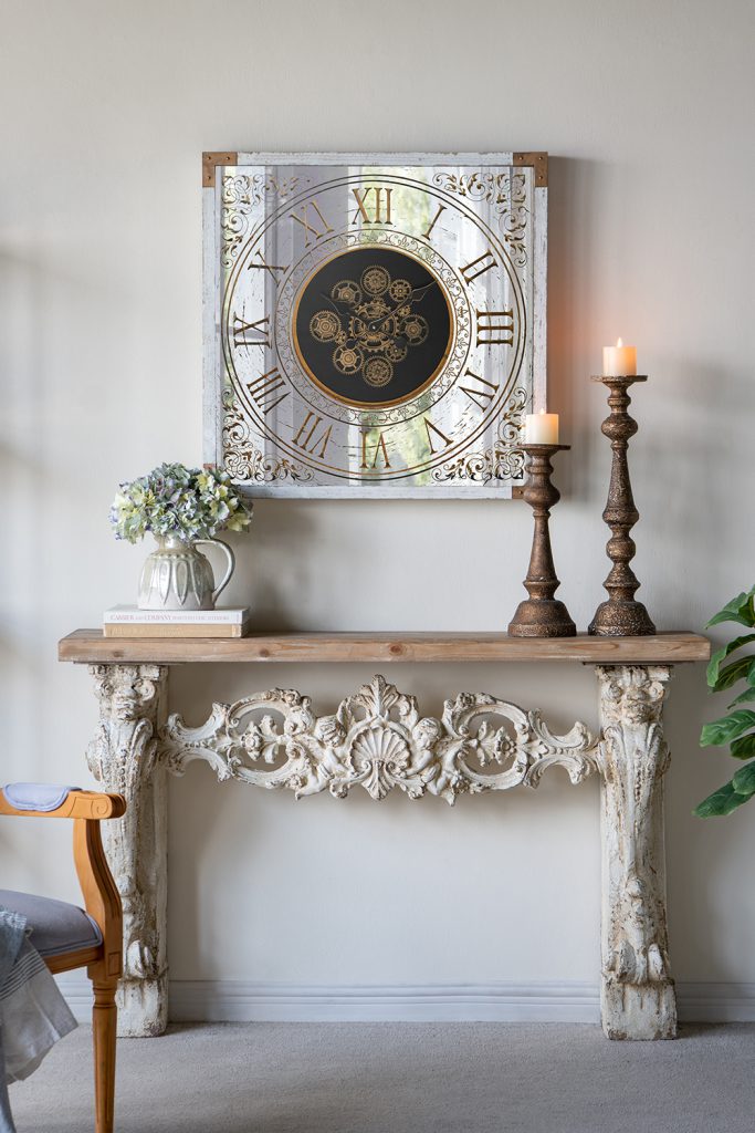 Square Gear Clock with Distressed White Finish
