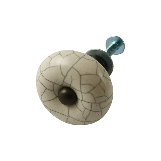 Ceramic Round Crackel Knob, White,  1.3 in
