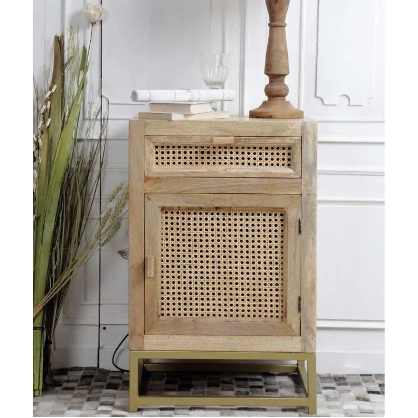 Mango Wood Bedside With Rattan Cane Frame, Hand-Wovened, 25