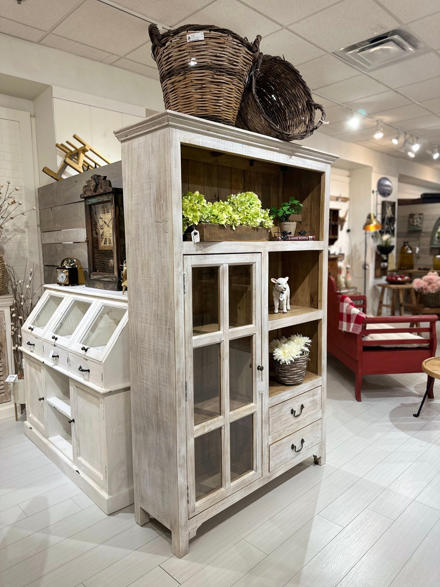 Glass Cabinet With Shelves, White Washed