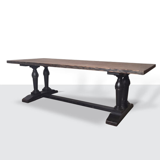 Table de salle à manger longue en vieux pin recyclé, fini noir rustique