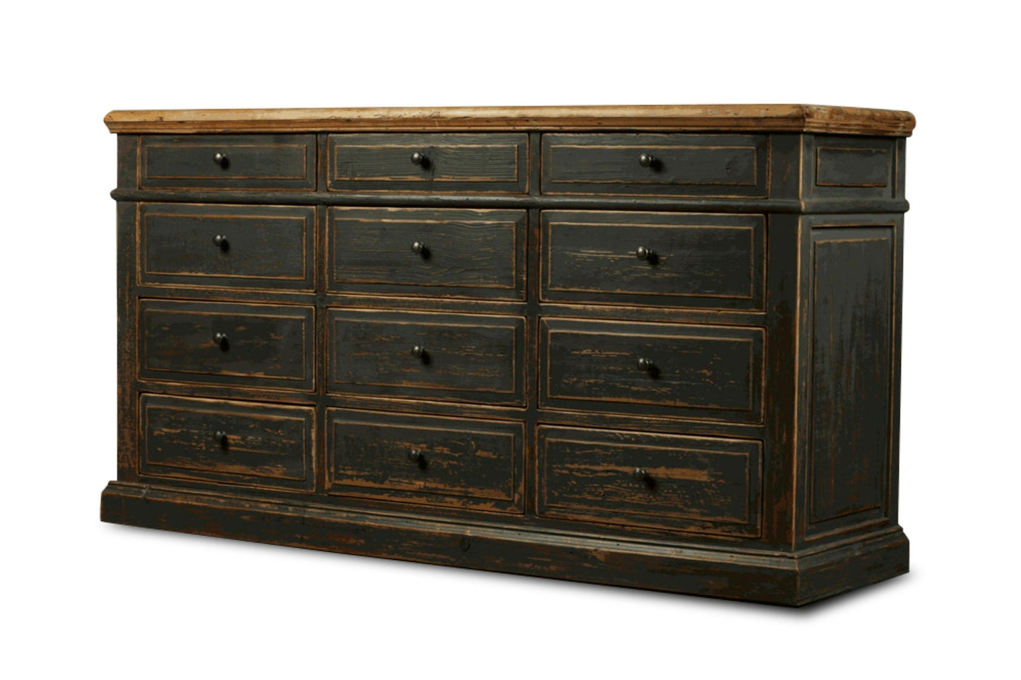 Buffet en vieux pin recyclé, 12 tiroirs, noir antique