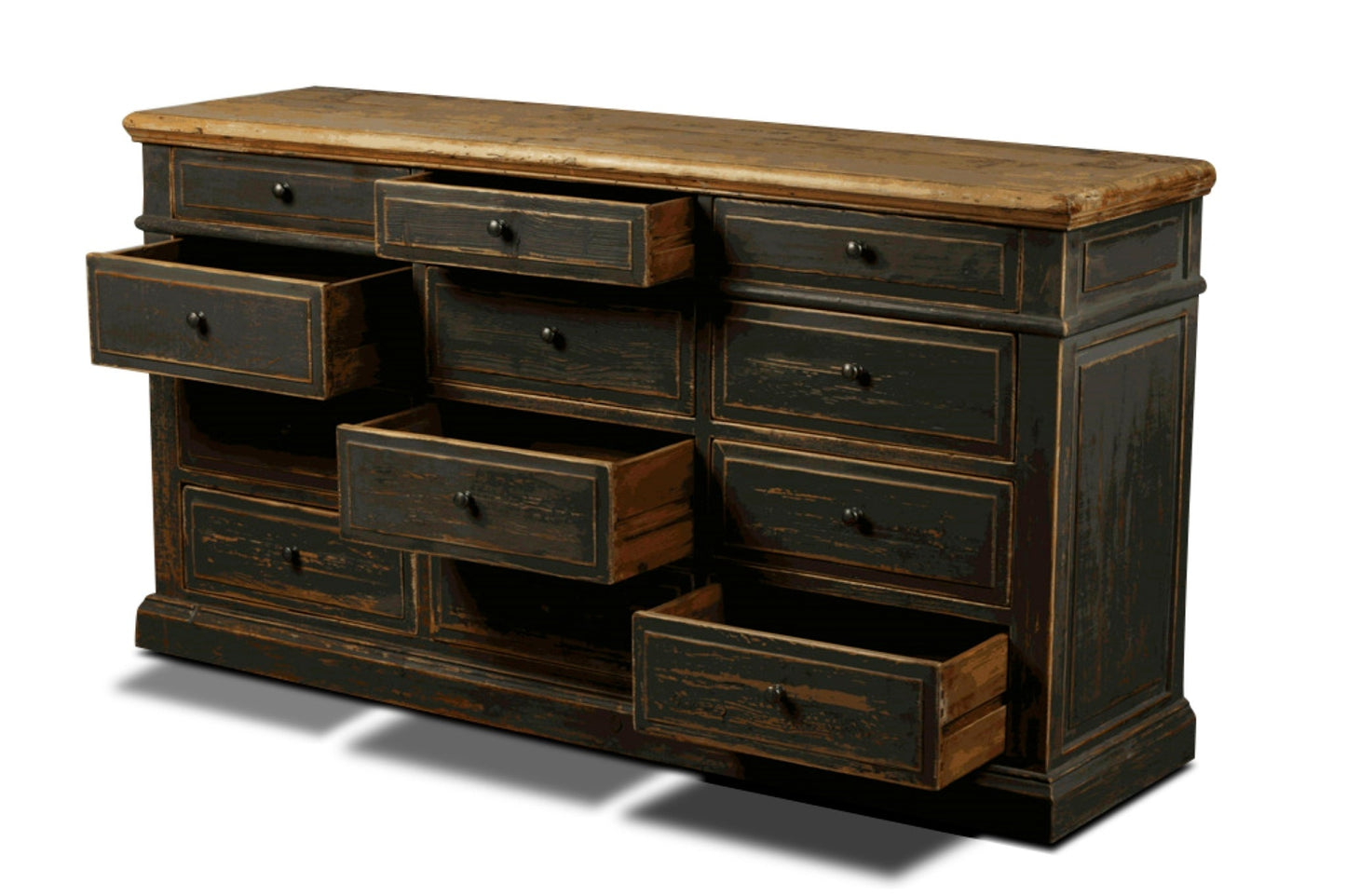 Buffet en vieux pin recyclé, 12 tiroirs, noir antique