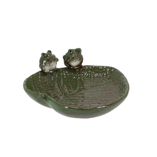 Ceramic Leaf Shaped Bird Bath With Frogs