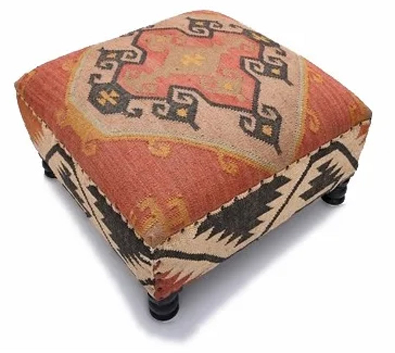 Kilim Rug Square Ottoman, Multi Color