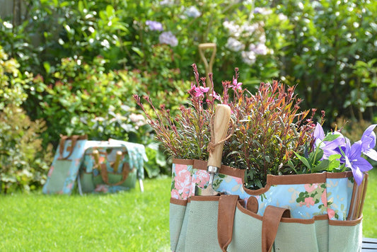 Sac à outils de jardin imprimé rose/jute