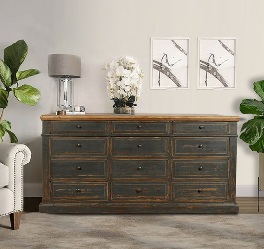 Recycled Pine Buffet, Antique Black, 12 Drawers