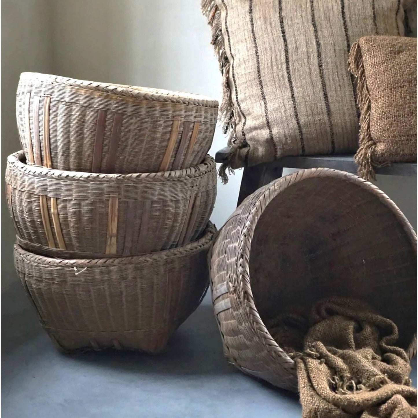 Large Antique Bamboo Rice Baskets