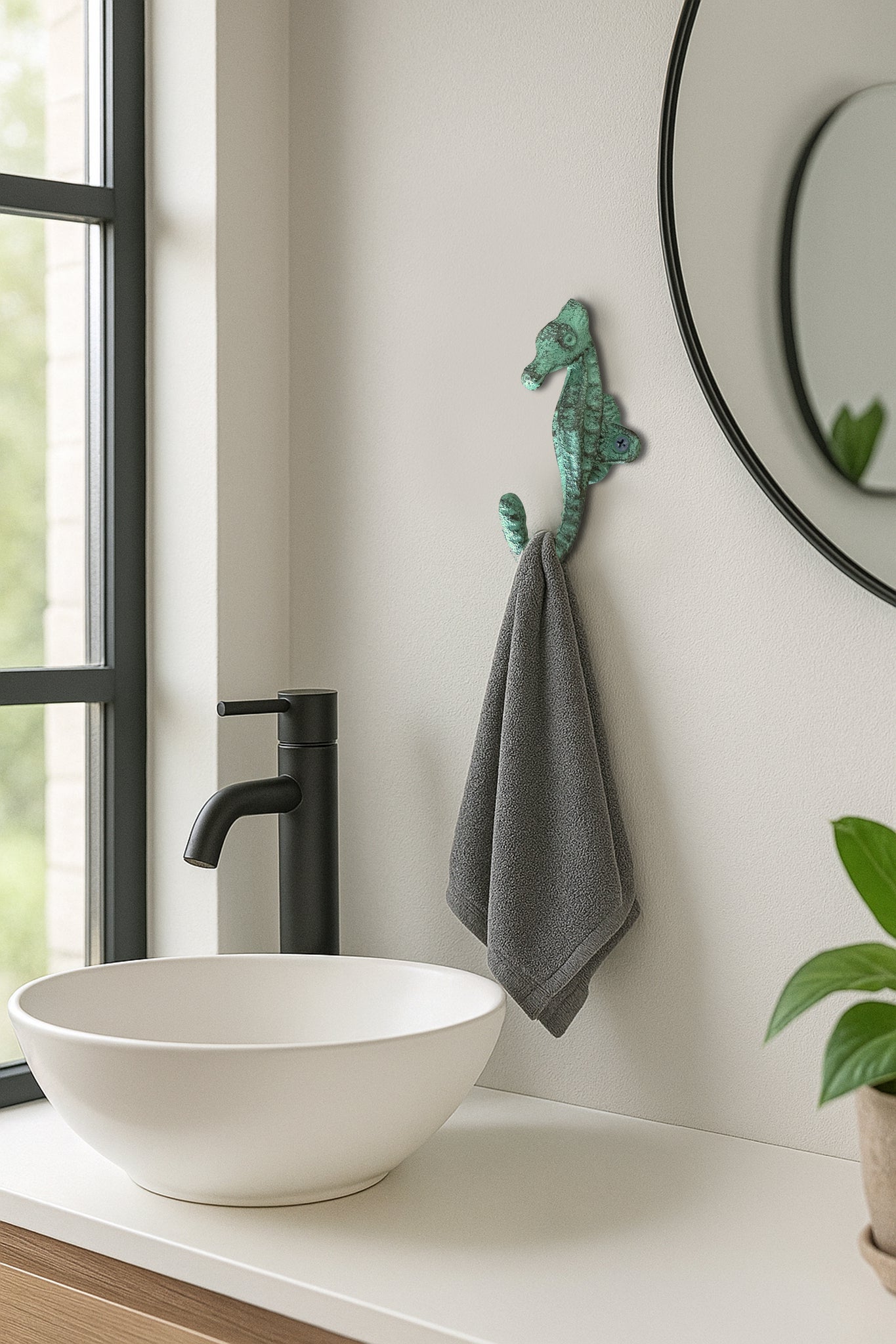 Crochet hippocampe, crochet mural nautique, cuivre antique