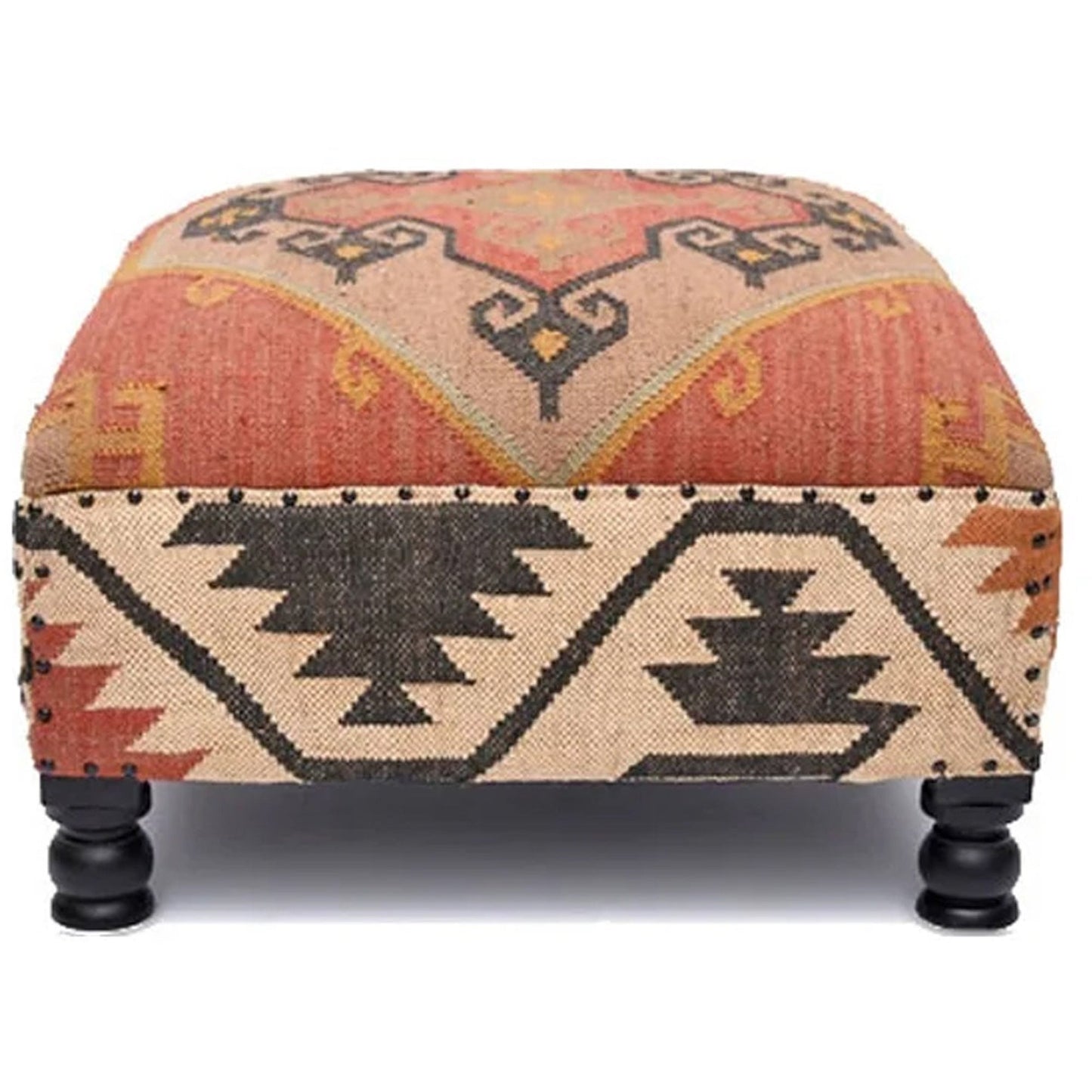 Kilim Rug Square Ottoman, Multi Color