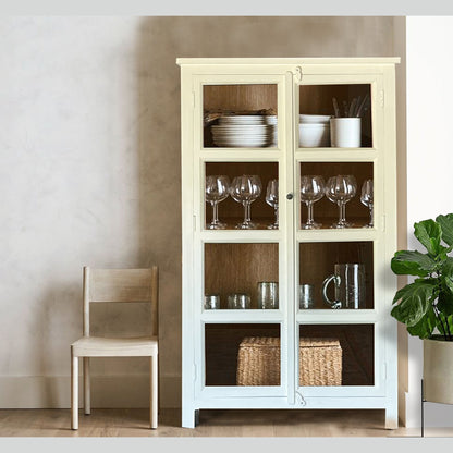 Tall Wooden Cabinet with Glass Doors, Antique White