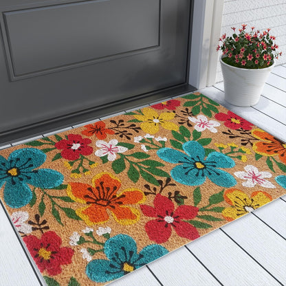 Floral Pattern Coir Doormat, Natural & Multi-Color
