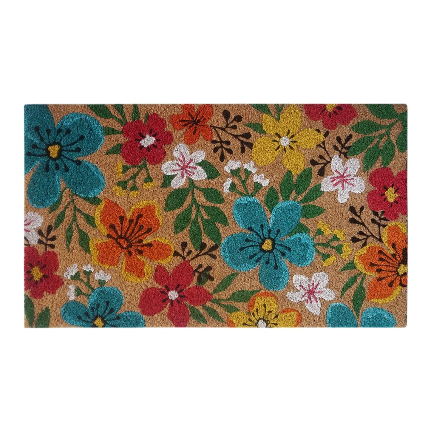 Floral Pattern Coir Doormat, Natural & Multi-Color