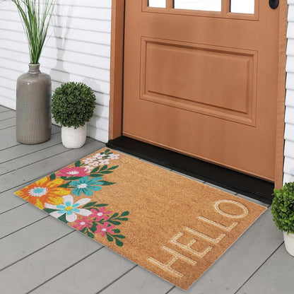 ~HELLO~ Floral Pattern Coir Doormat, Natural