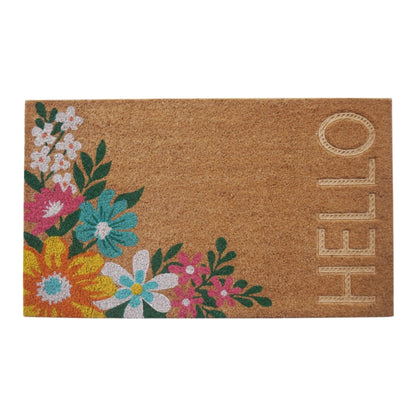~HELLO~ Floral Pattern Coir Doormat, Natural