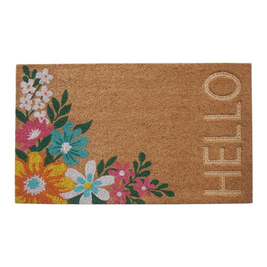 ~HELLO~ Floral Pattern Coir Doormat, Natural