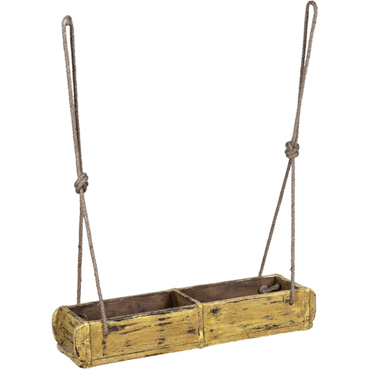 Wooden Brick Mold Dbl Tray With Rope, Brown/Mustard