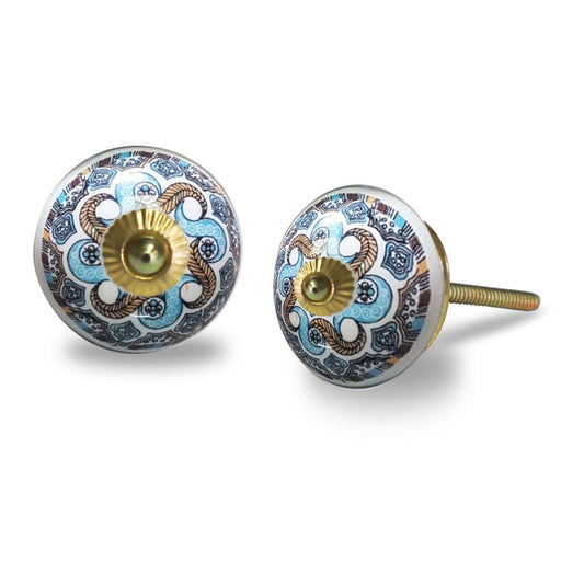 Bouton en céramique antique, boutons vintage pour armoires, feuilles torsadées bleues et brunes