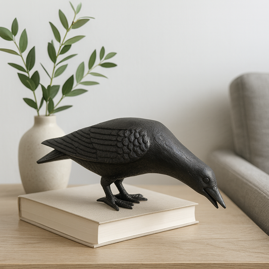 Corneille en fonte tête en bas, statuette de corbeau noir