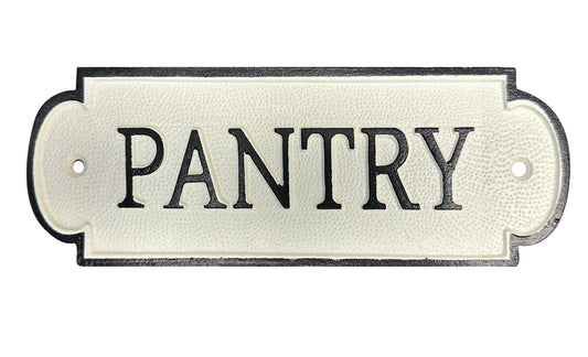 Enseigne de garde-manger en fonte, "Garde-manger" en lettres noires avec fond en métal blanc