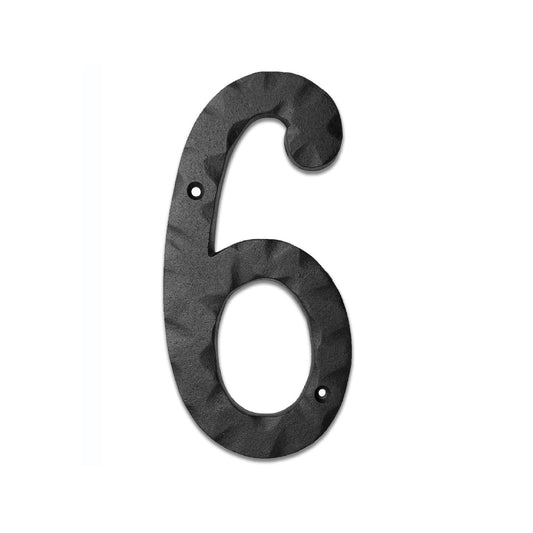 Matte Black Hammer Tone Cast Iron House Number, 6 inch, #6