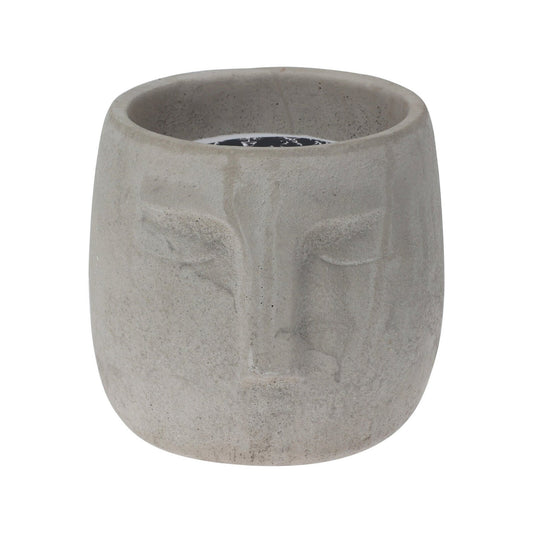 Candle In Cement Pot With Face Design, Wax Colour White