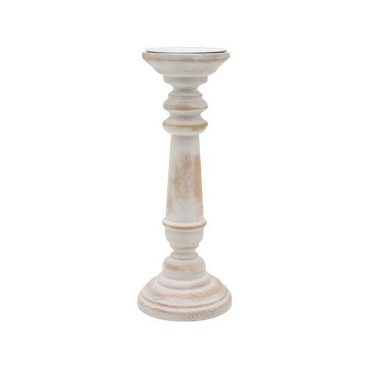 "Bougeoir Pilier Rond En Bois, Blanc Antique"