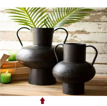 Metal Black Double Handles Urn Vases, Set Of 2