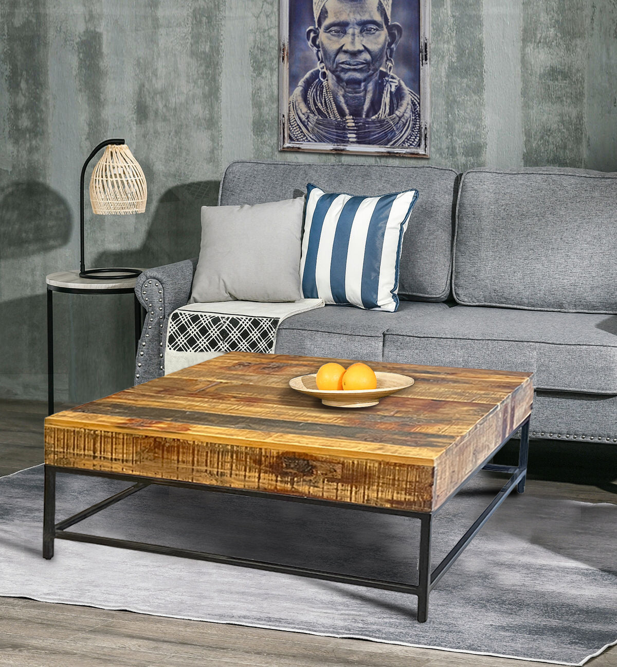 Recycled Wood Square Iron Base Coffee Table