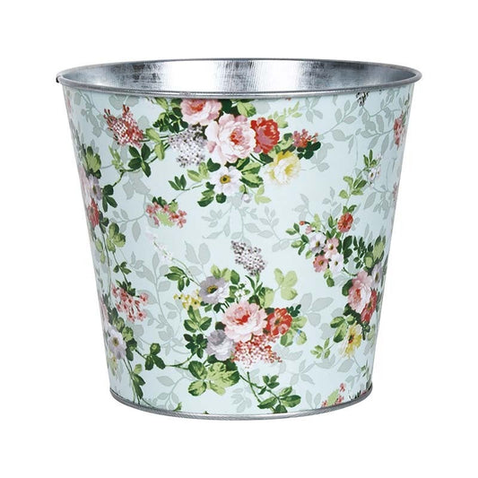 Pot de fleurs rond en zinc imprimé rose