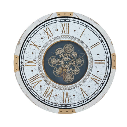 Round Gear Clock with Distressed White Finish