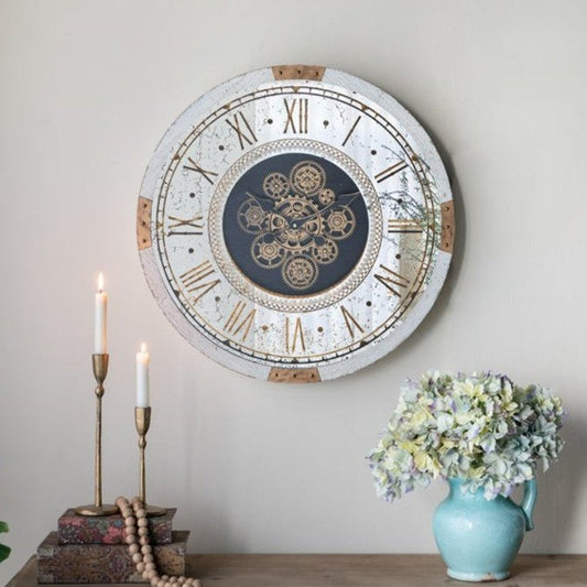 Round Gear Clock with Distressed White Finish
