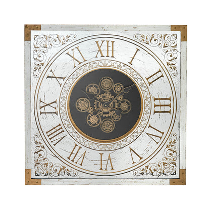Square Gear Clock with Distressed White Finish