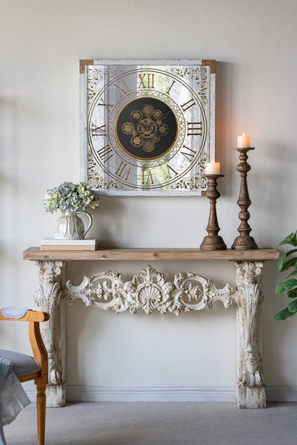 Square Gear Clock with Distressed White Finish