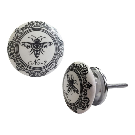 Bouton d'abeille en céramique, boutons vintage pour armoires, tiroirs et meubles, noir et blanc