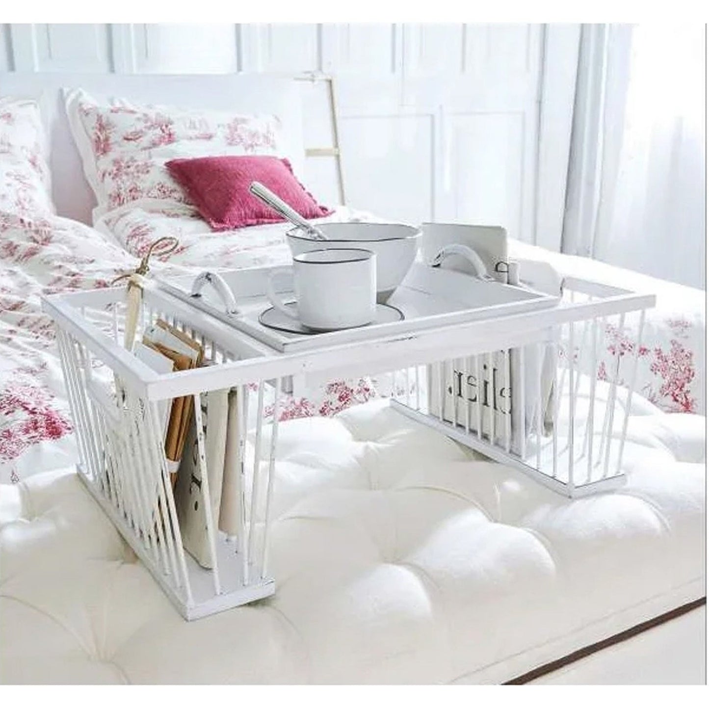 Plateau et support pour lit Cottage, fer/bois, blanc, 25 % de réduction