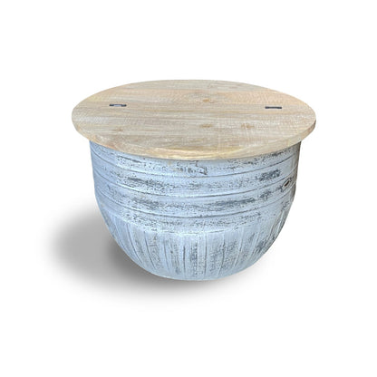 Drum Iron Coffee Table With Storage, White Washed