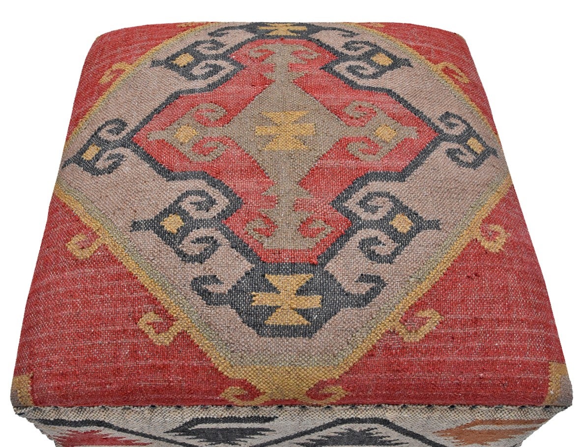 Kilim Rug Square Ottoman, Multi Color