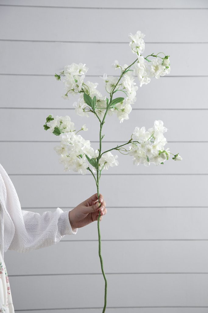 Tige de fleur de cerisier artificielle de 40 po, blanche